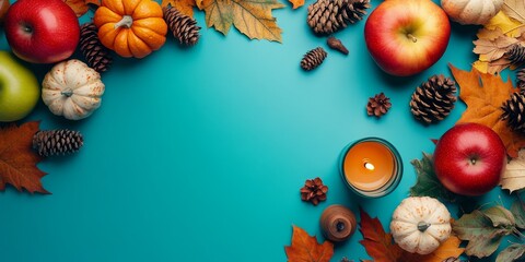 Wall Mural - Flat lay of autumn-themed decorations with apples, pumpkins, and pinecones on a teal background