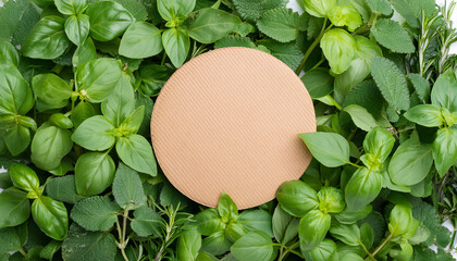 Cardboard circle with copy space, surrounded by plants, green leaves