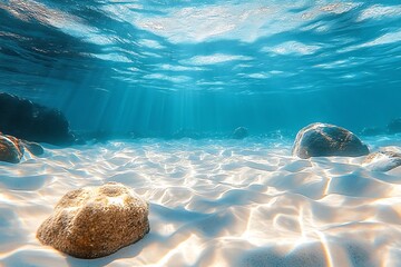 The tropical blue ocean of Hawaii is showcased with white sand and underwater stones