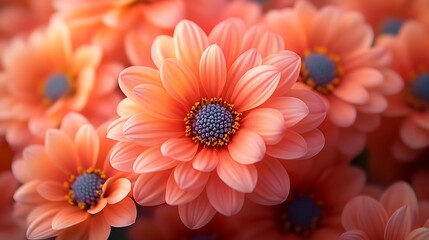 Canvas Print - A close-up view of a cluster of peach-colored flowers with blue centers.