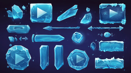 Transparent cartoon ice-themed buttons, sliders, arrows, and keys with cracks. Includes ice crystal game assets and user interface elements such as play and stop buttons, confirmation and decline.