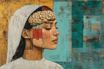 Sticker - Womans Profile with Brain on Canvas: Merging Art and Science to Explore Cognitive Thought Mental Processes and the Emotional Depth of the Human Mind