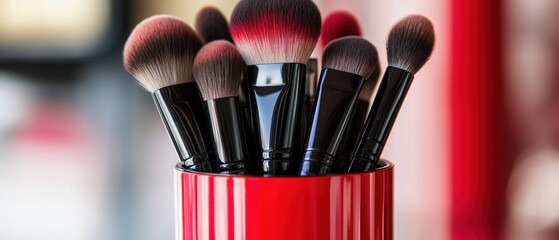 Canvas Print - vibrant professional makeup brushes in a crimson holder