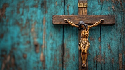 Wooden crucifix hanging on a rustic wooden wall symbolizing faith