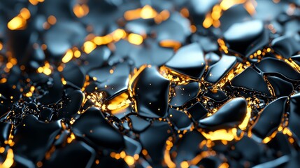  A tight shot of black and yellow glass shards suspended seemingly in mid-air