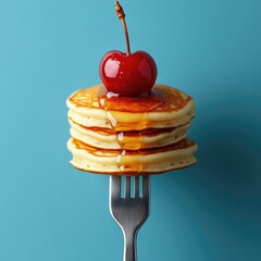 drizzling maple syrup on stack of pancakes with cherry on top