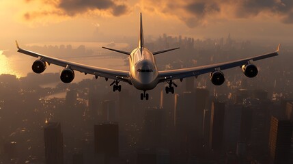 Poster - An airplane flying over a city skyline during sunset.