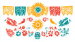 © Hikmet - Vector templates of papel picado flags for Mexican Day of the Dead. These traditional decorations feature floral patterns, mariachi skulls, suns, and birds, designed for laser cutting.