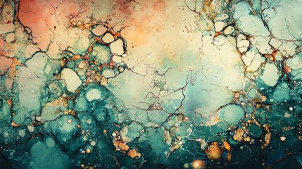 Wall Mural -  An abstract painting depicts a blend of blue, green, yellow, and orange hues beneath bubbly textures at its base