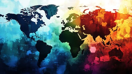 A colorful watercolor world map with continents in black silhouette.