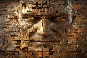 Canvas Print - Elderly Mans Face Composed of Puzzle Pieces: A Representation of Memory Aging Cognitive Decline and the Fragmented Nature of Human Experience Over Time