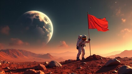astronaut planting flag on mars with earth in background