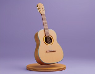 3D simple acoustic guitar rests on a wooden platform, 3D illustration