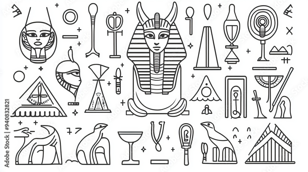 Vector set of thin line icons depicting ancient Egyptian gods and ...