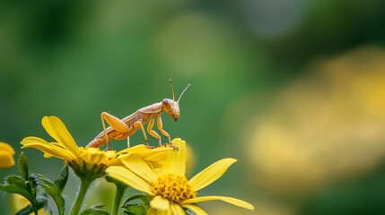 Wall Mural -  A sharp focus grasshopper atop a sunlit yellow bloom, surrounded by an out-of-focus blur of green and yellow flowers