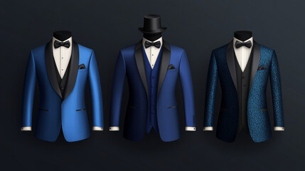 Realistic mockup of men's wedding or dinner suits. Features blue and black classic tuxedo jackets with single and double-breasted options, shawl collar, peak and shawl lapels, waistcoat, bow tie, neck