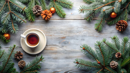 Sticker - Christmas card template - fir branches on wooden table, top view