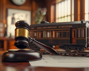 Wall Mural - A gavel and model train on a desk, next to a paper document in a modern office setting background