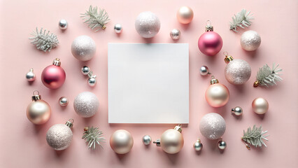 Sticker - Christmas Card - Invitation card mockup on pastel pink background with Christmas decorations.