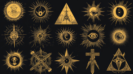 
A vector set of occult signs, including symbols from occultism, alchemy, and astrology. The collection features sacred and mystical emblems such as the magic eye, Masonic pyramid, Egyptian ankh cross