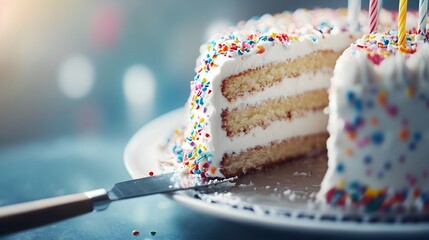 Close up of a sharp knife cutting through the first slice of a beautifully decorated birthday cake revealing its delectable layers and creamy frosting