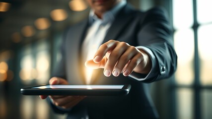 Wall Mural - Businessman using tablet with blurred bokeh background