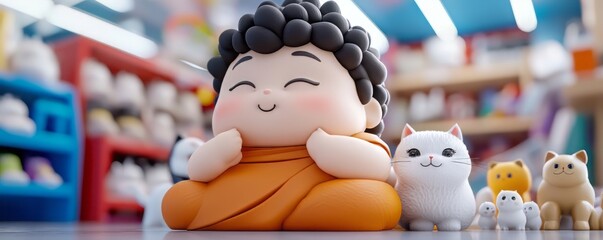 Cute figurine of a joyful monk surrounded by adorable animal companions in a colorful environment.