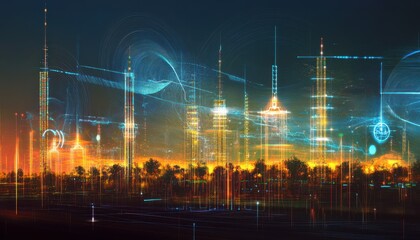 Wall Mural - Futuristic Cityscape with Glowing Skyscrapers and Abstract Shapes