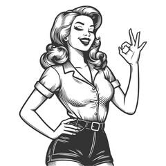 pin-up girl in a plaid shirt and shorts, giving the OK okay sign, retro charm and positivity sketch engraving generative ai vector illustration. Scratch board imitation. Black and white image.