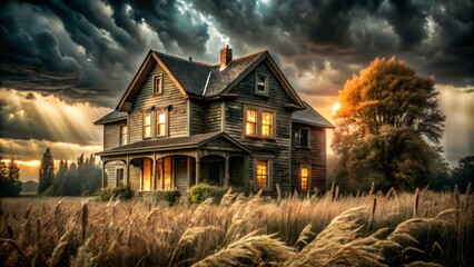 Spooky House in Wheat Field with Stormy Sky and Glowing Windows
