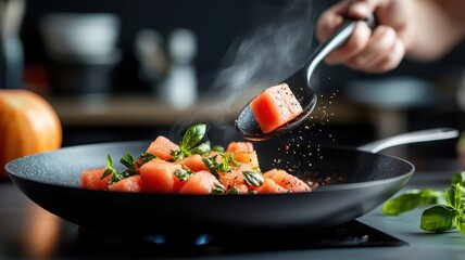 Wall Mural - Watermelon cooked in a skillet with spices, showcasing a flavorful dish.