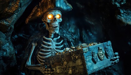 Wall Mural - Spooky Skeleton Guarding Treasure in a Dark Cave