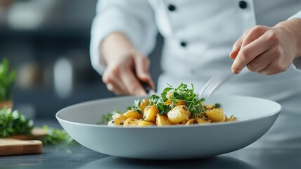 Wall Mural - Potato prepared in a kitchen with herbs and spices, showcasing a flavorful dish.