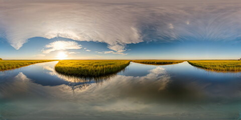 Wall Mural - Full 360 degrees seamless spherical panorama HDRI equirectangular projection of a lake with a sky and clouds. Texture environment map for lighting and reflection source rendering 3d scenes.	
