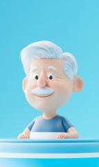 A cheerful cartoon elderly man with white hair and a mustache, smiling against a blue background.