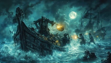 Wall Mural - Ghostly Pirate Ship Sailing Under a Foreboding Night Sky