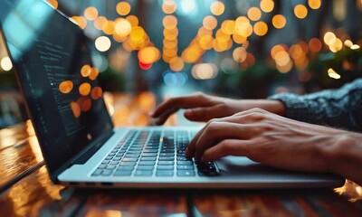 A person's hands typing on a laptop at a table with string lights in the background