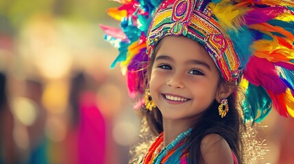 Smiling girl in traditional colorful headdress at a vibrant festival