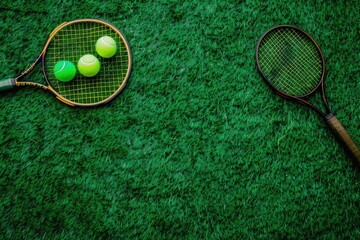 Wall Mural - A tennis racket and two tennis balls sit on a lush green grassy field, ready for play