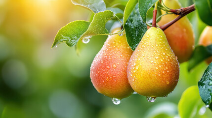 fresh, ripe pears with droplets hanging on a branch amidst lush green leaves, illuminated by warm su