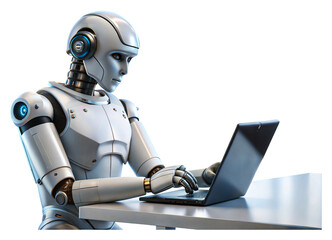 Robot typing on a laptop at a modern workstation isolated on transparent background