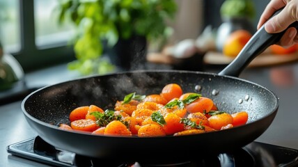 Wall Mural - Apricot cooked in a skillet with spices, showcasing a flavorful dish.