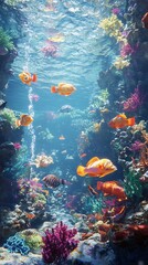 An animated underwater scene featuring colorful fish swimming through coral reefs, with realistic water effects