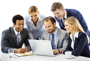 Team working on a laptop in the office isolated on transparent background