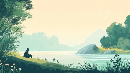 A serene landscape featuring a person on a quest for arrowheads, kneeling beside a riverbank with a focus on natural elements and a light solid color background