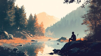 A serene landscape featuring a person on a quest for arrowheads, kneeling beside a riverbank with a focus on natural elements and a light solid color background