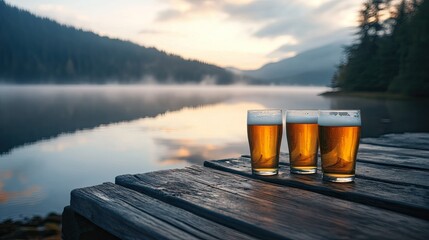 Wall Mural - Beer glasses on a rustic dock at sunrise, overlooking a tranquil, uninhabited lake, with the morning mist creating a peaceful scene