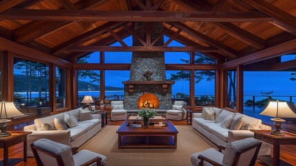 Cozy living room interior with a stone fireplace, wooden beams, and large windows offering stunning sunset views.