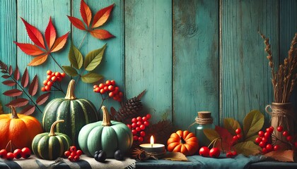 composition with small pumpkins and berries arranged along the top edge, maintaining the same layout. 