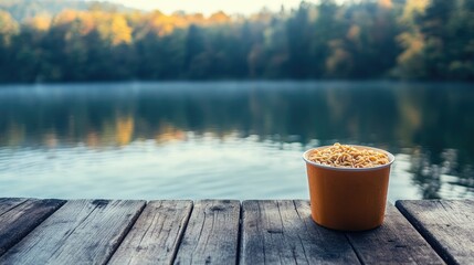 Wall Mural - Perspective of a cup of cooked instant noodles on a wooden dock by an untouched lake, with the calm water reflecting the morning light